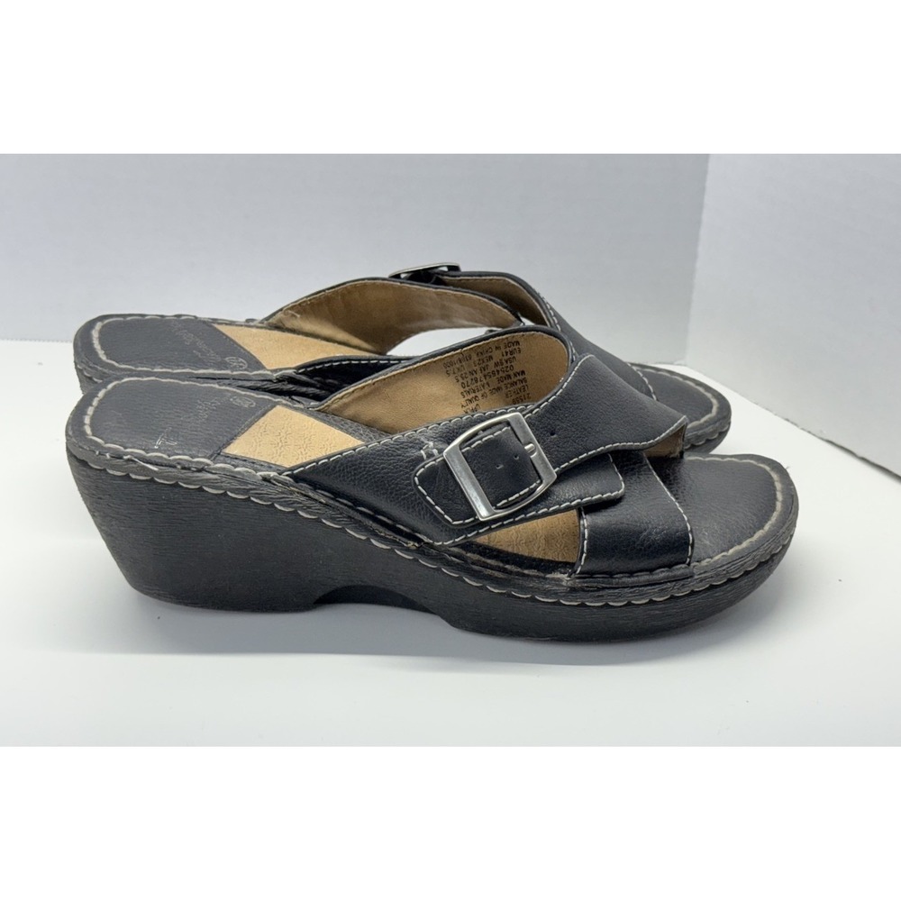 Thom McAn Leather Slip-on Sandals Strappy‎ Wedge Black Women's Size 9W